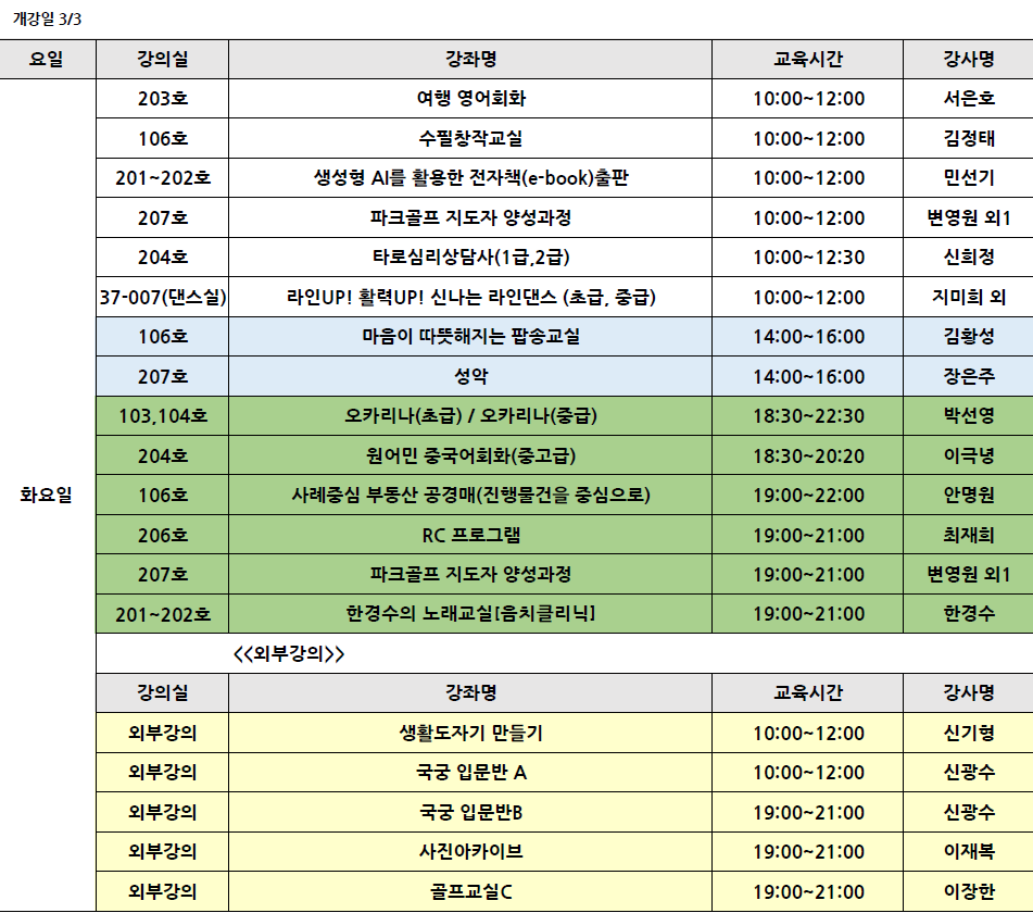 <2026 봄> 요일별 개강강좌목록 강의실 안내 (3월 3일부터 요일별 개강) 1번째 파일 - 자세한 내용은 본문 참조