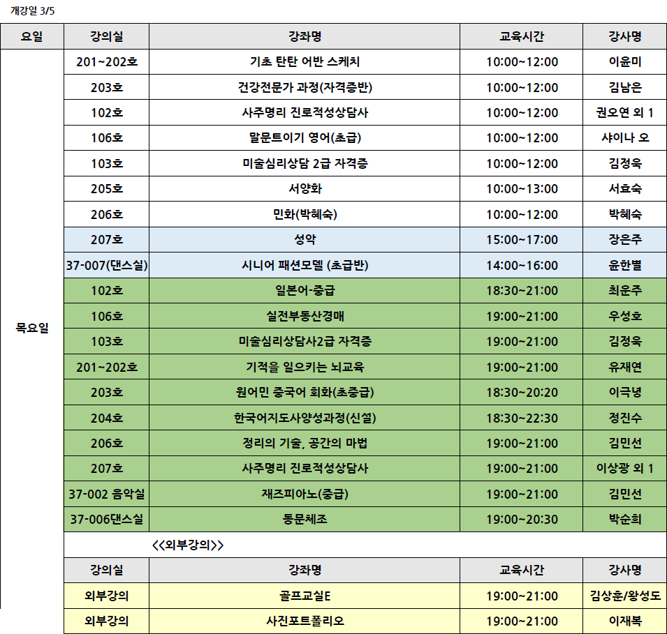 <2026 봄> 요일별 개강강좌목록 강의실 안내 (3월 3일부터 요일별 개강) 3번째 파일 - 자세한 내용은 본문 참조