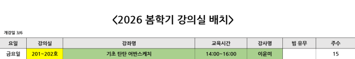 <2026 봄> 요일별 개강강좌목록 강의실 안내 (3월 3일부터 요일별 개강) 4번째 파일 - 자세한 내용은 본문 참조
