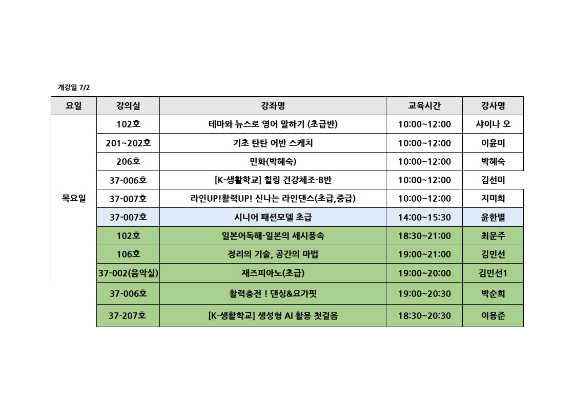 <2026 여름> 요일별 개강강좌목록 강의실 안내 (6월 29일부터 요일별 개강) 4번째 파일 - 자세한 내용은 본문 참조