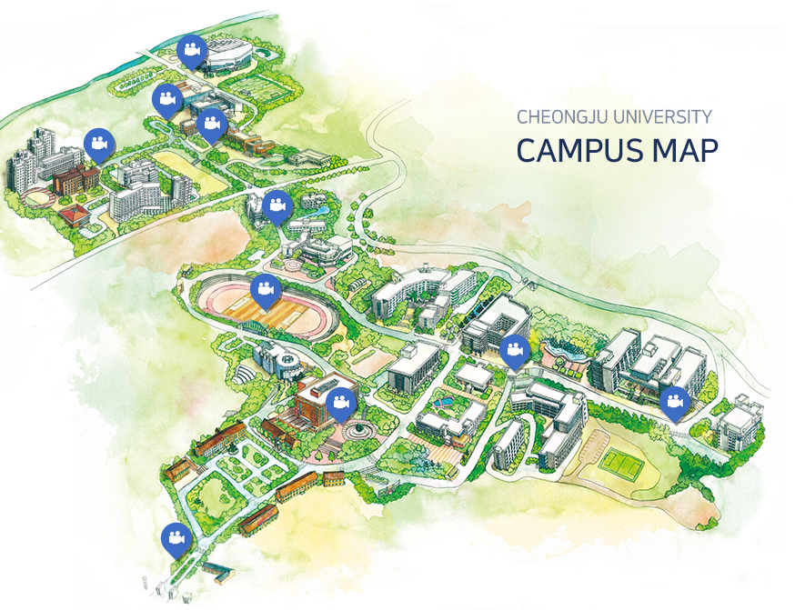 CHEONGJU UNIVERSITY CAMPUS MAP 정문, 후문, 교수연구동 지상VR, 기숙사입구 지상VR, 대학원앞 지상VR, 석우문화체육관 지상VR, 설립자동상 지상VR, 예술대학(구관) 지상VR, 예술대학잔디밭 지상VR, 종합운동장 지상VR, 중앙도서관 지상VR, 학군단앞 지상VR