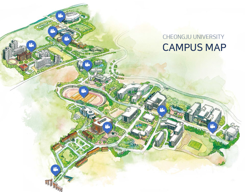 CHEONGJU UNIVERSITY CAMPUS MAP 정문, 후문, 교수연구동 지상VR, 기숙사입구 지상VR, 대학원앞 지상VR, 석우문화체육관 지상VR, 설립자동상 지상VR, 예술대학(구관) 지상VR, 예술대학잔디밭 지상VR, 종합운동장 지상VR, 중앙도서관 지상VR, 육군학군단앞 지상VR