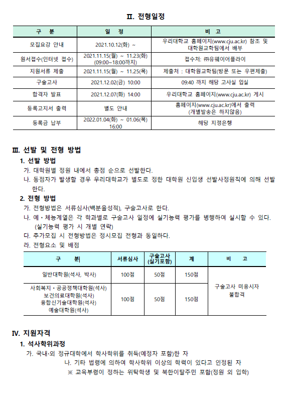 2022학년도 전기 청주대학교 작업치료학과 대학원 신입생 모집 안내 1번째 파일 - 자세한 내용은 본문 참조
