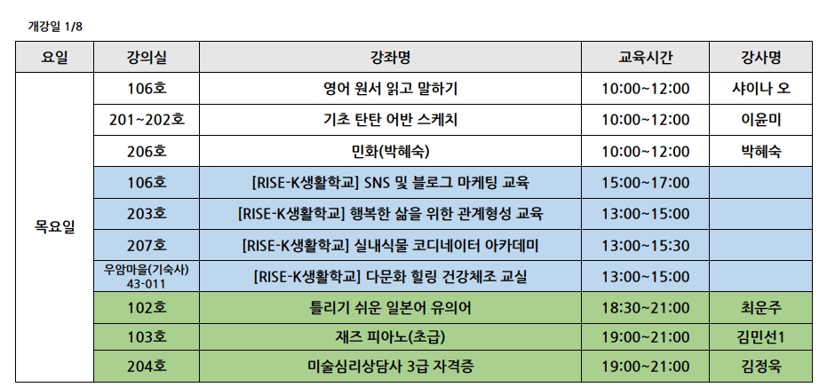 <2025 겨울> 요일별 개강강좌목록 강의실 안내 (12월 29일부터 요일별 개강) 4번째 파일 - 자세한 내용은 본문 참조