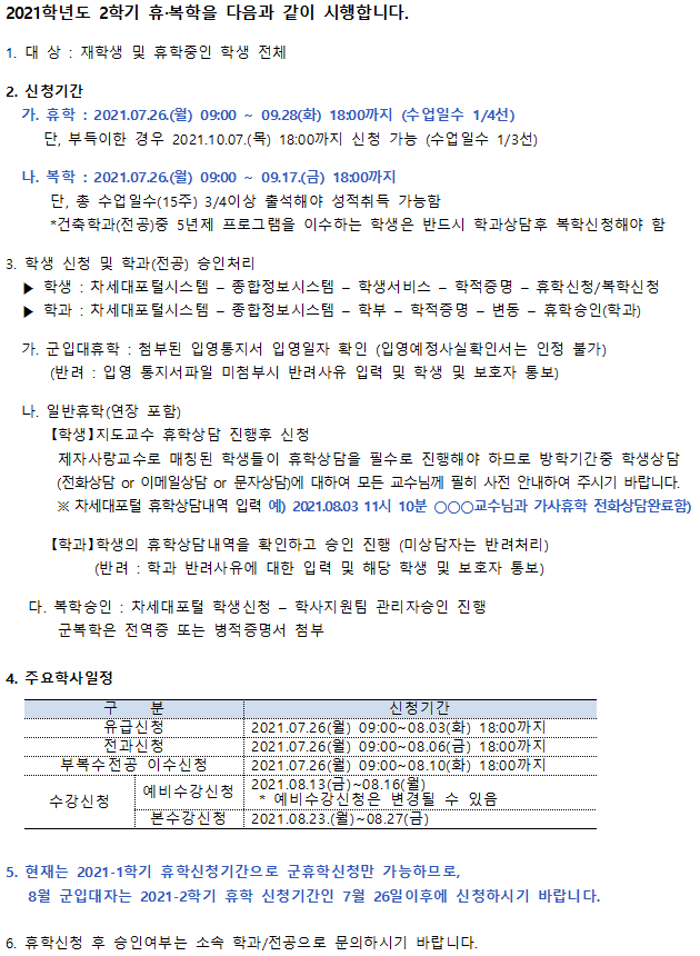 2021학년도 2학기 휴·복학을 다음과 같이 시행합니다.
1. 대상: 재학생 및 휴학중인 학생 전체
2. 신청기간
가. 휴학 : 2021.07.26.(월) 09:00 ~ 09.28(화) 18:00까지 (수업일수 1/4선)
단, 부득이한 경우 2021.10.07.(목) 18:00까지 신청 가능 (수업일수 1/3선)
나. 복학: 2021.07.26.(월) 09:00 ~ 09.17.(금) 18:00까지
단, 총 수업일수(15주) 3/4이상 출석해야 성적취득 가능함
*건축학과(전공)중 5년제 프로그램을 이수하는 학생은 반드시 학과상담후 복학신청해야 함
3. 학생 신청 및 학과(전공) 승인처리
학생: 차세대포털시스템 - 종합정보시스템 - 학생서비스 - 학적증명 휴학신청복학신청
학과: 차세대포털시스템 - 종합정보시스템 - 학부 - 학적증명 - 변동 - 휴학승인(학과)
가. 군입대휴학 : 첨부된 입영통지서 입영일자 확인 (입영예정사실확인서는 인정 불가)
(반려 : 입영 통지서파일 미첨부시 반려사유 입력 및 학생 및 보호자 통보)
나. 일반휴학(연장 포함)
[학생]지도교수 휴학상담 진행후 신청
제자사랑교수로 매칭된 학생들이 휴학상담을 필수로 진행해야 하므로 방학기간중 학생상담
(전화상담 or 이메일상담 or 문자상담)에 대하여 모든 교수님께 필히 사전 안내하여 주시기 바랍니다.
X 차세대포털 휴학상담내역 입력 예) 2021.08.03 11시 10분 ○○○교수님과 가사휴학 전화상담완료함)
[학과]학생의 휴학상담내역을 확인하고 승인 진행 (미상 담자는 반려처리)
(반려 : 학과 반려사유에 대한 입력 및 해당 학생 및 보호자 통보)
다. 복학승인 : 차세대포털 학생신청 - 학사지원팀 관리자승인 진행
군복학은 전역증 또는 병적증명서 첨부
4. 주요학사일정
구 분 신청기간
유급신청 2021.07.26(월) 09:00~08.03(호화) 18:00까지
전과신청 2021.07.26(월) 09:00~08.06(금) 18:00까지
부복수전공 이수신정 2021.07.26(월) 09:00~08.10(화) 18:00까지
2021.08.13(금)~08.16(월)
수강신청 예비수강신청 * 예비수강신청은 변경될 수 있음
본수강신청 2021.08.23.(월)~(8.27(금)
5. 현재는 2021-1학기 휴학신청기간으로 군휴학신청만 가능하므로,
8월 군입대자는 2021-2학기 휴학 신청기간인 7월 26일이후에 신청하시기 바랍니다.
6. 휴학신청 후 승인여부는 소속 학과/전공으로 문의하시기 바랍니다.