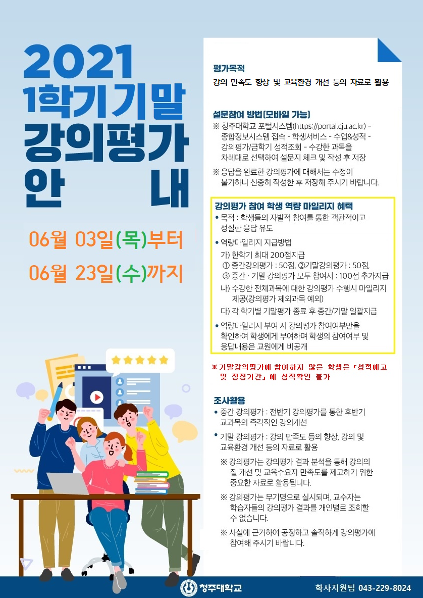 2021 1학기기말 강의평가 안 내
06월 03일(목)부터
06월 23일(수)까지
평가목적
강의 만족도 향상 및 교육환경 개선 등의 자료로 활용
 설문참여 방법[모바일 가능)
 청주대학교 포털시스템(https://portal.cju.ac.kr) -
종합정보시스템 접속 - 학생서비스 - 수업&성적 -
강의평가/금학기 성적조회 - 수강한 과목을
차례대로 선택하여 설문지 체크 및 작성 후 저장
 응답을 완료한 강의평가에 대해서는 수정이
불가하니 신중히 작성한 후 저장해 주시기 바랍니다.
강의평가 참여 학생 역량 마일리지 혜택
· 목적 : 학생들의 자발적 참여를 통한 객관적이고
성실한 응답 유도
 · 역량마일리지 지급방법
가) 한학기 최대 200점지급
① 중간강의평가: 50점, ②기말강의평가 : 50점,
③ 중간· 기말 강의평가 모두 참여시 : 100점 추가지급
나) 수강한 전체과목에 대한 강의평가 수행시 마일리지
제공(강의평가 제외과목 예외)
다) 각 학기별 기말평가 종료 후 중간/기말 일괄지급
. 역량마일리지 부여 시 강의평가 참여여부만을
확인하여 학생에게 부여하며 학생의 참여여부 및
응답내용은 교원에게 비공개
※ 기말강의평가에 참여하지 않은 학생은 「성적예고
및 정정기간」 에 성적확인 불가
조사활용
· 중간 강의평가 : 전반기 강의평가를 통한 후반기
교과목의 즉각적인 강의개선
· 기말 강의평가 : 강의 만족도 등의 향상, 강의 및
교육환경 개선 등의 자료로 활용
강의평가는 강의평가 결과 분석을 통해 강의의
질 개선 및 교육수요자 만족도를 제고하기 위한
중요한 자료로 활용됩니다.
강의평가는 무기명으로 실시되며, 교수자는
학습자들의 강의평가 결과를 개인별로 조회할
수 없습니다.
사실에 근거하여 공정하고 솔직하게 강의평가에
참여해 주시기 바랍니다.
청주대학교 학사지원팀 043-229-8024