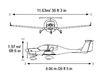 DA40NG기종의 크기에 대한 이미지이며 전장 8.06 m /26 ft 5 in, 전폭 11.63m/ 38 ft 3 in, 전고 1.97 m/6ft 6 in