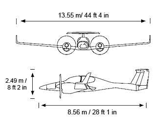 DA42-VI기종의 크기에 대한 이미지이며 전장 8.56 m / 28 ft 1 in, 전폭 13.55 m/ 44 ft 4 in, 전고 2.49 m / 8 ft 2 in